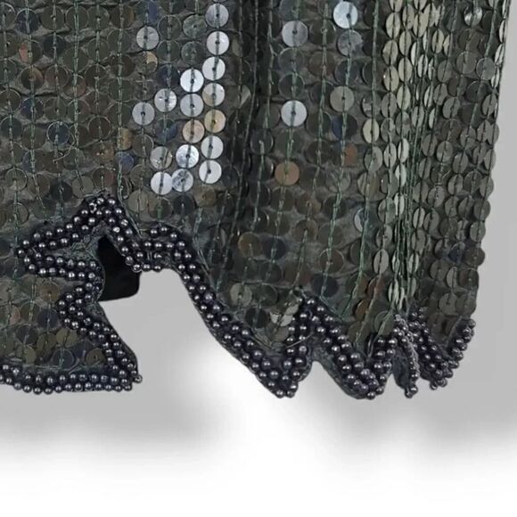 Vintage 80s Jewel Queen 100% Silk Beaded and Sequin Cut Out Hem Evening Top Sz S - Picture 6 of 9